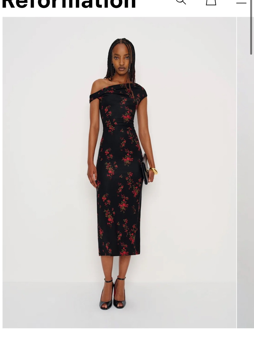 Reformation Black One-Shoulder Midi Dress with Red Floral Print